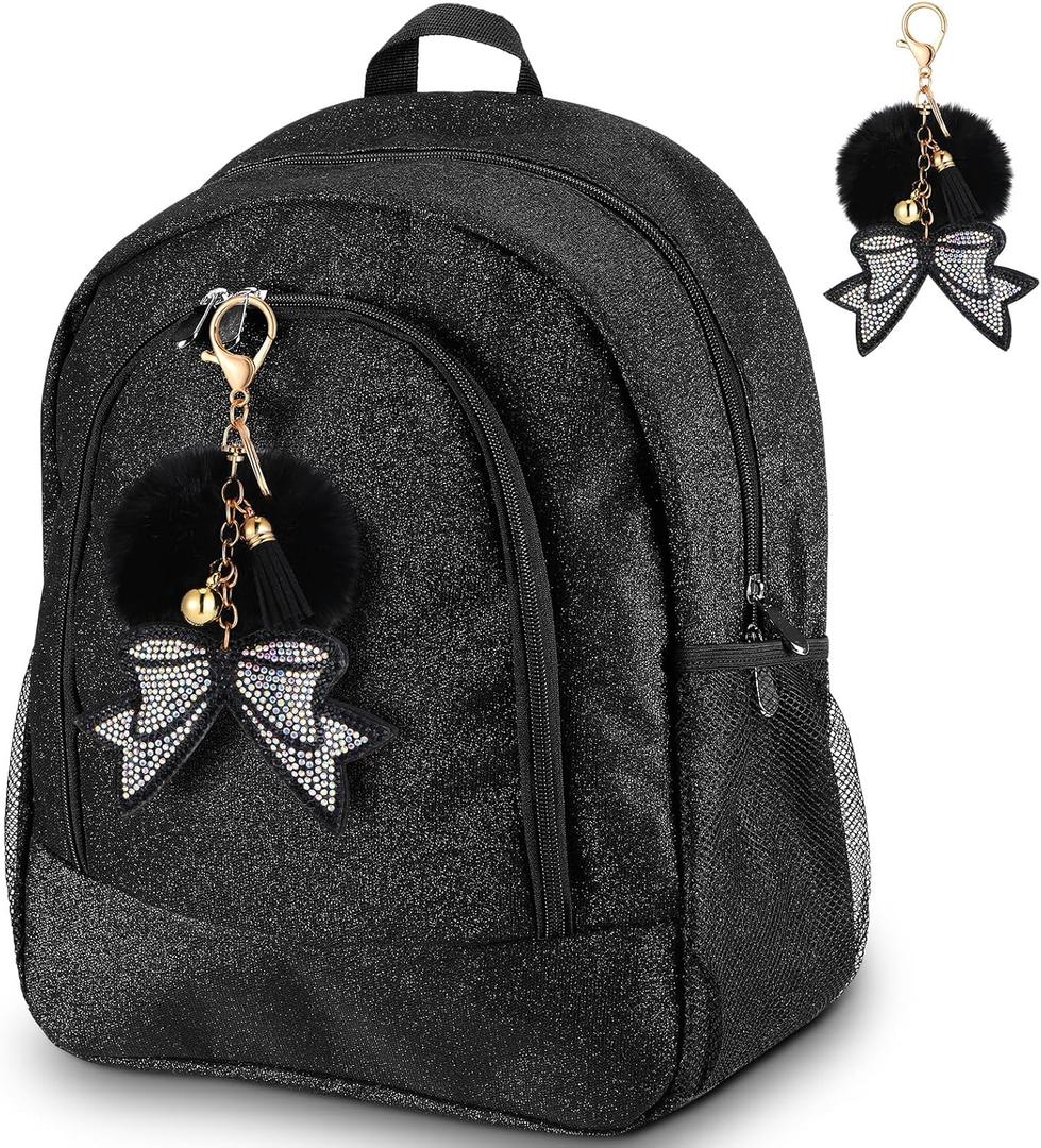 Cheer Backpack with Bow Keychain Cheerleading Glitter/Canvas Backpack Cheerleaders Gift Cheer Bags for Sport(Glitter,Black,Small)