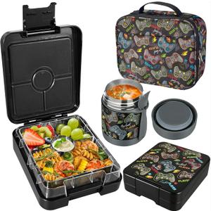 Pawtong Bento Lunch Box Set With 10oz Soup Thermo, Leak-proof Lunch Containers with 4 Compartment, Kids Hot Thermo Food Jar/Insulation Lunch Bag, Food Containers for School (Black-Games)