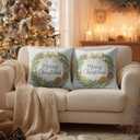 HOMETITUTE Set of 2 Christmas Throw Pillow Covers 18x18 Inch Linen Decorative Merry Christmas with Pine Cones Berries Bells Farmhouse Winter Holiday Pillow Cases for Sofa Couch Bed