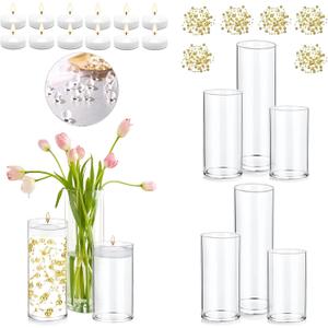 Set of  Glass Cylinder Vases for Centerpieces with 8 Pack Vase Filler 12 Pearl String 24 White Floating Candles for Table Centerpieces for Wedding Party Home Decor 5, 6, 8 Inch