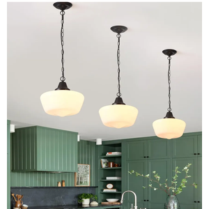 Schoolhouse Pendant Fixture, 12 Inch Black Finish with Milk Glass Adjustable Mid Century Ceiling Pendant Lighting, Pendant Light Fixtures for Kitchen Hallway Entrywa Dining Room