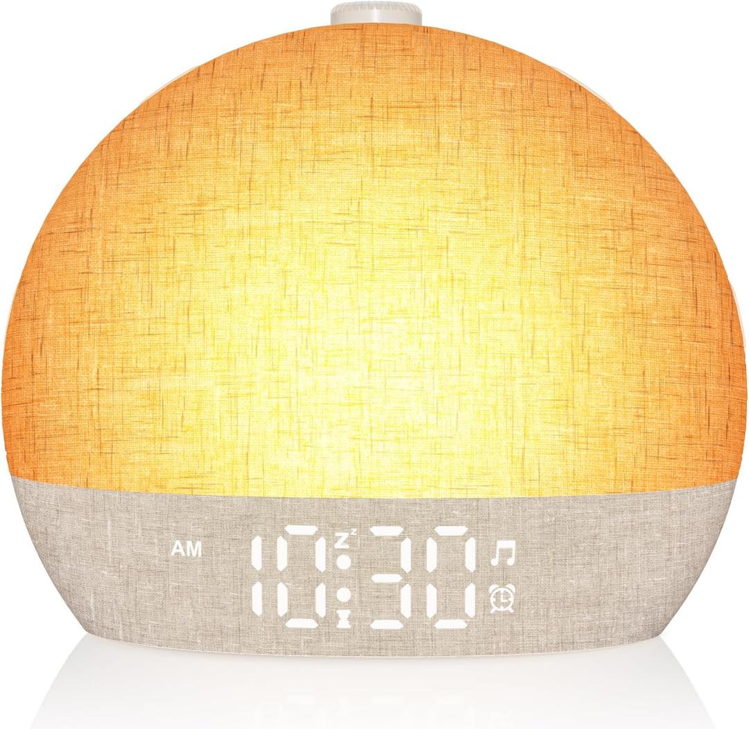 Wake Up Light Sunrise Alarm Clock, White Noise Sound Machine with 30 Soothing Sounds, Dimmable Night Lights, Sleep Aid, Snooze, Timer, Loud Alarm Clock for Heavy Sleepers Adults Kids, Ideal for Gift