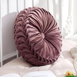 Drydiet 1 Pcs Round Throw Velvet Pillows Decorative Pleated Throw Pillows Diameter Accent Pumpkin Boho Chair Cushion for Couch Sofa Home Decoration (Dusty Rose,15'')