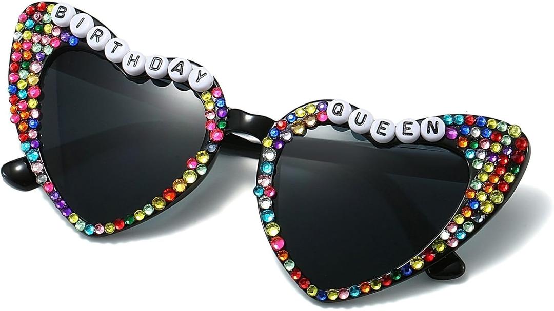 Hanj Heart Shaped Birthday Sunglasses, Rhinestone Birthday Queen Glasses, Heart Sunglasses Birthday Party Favors (Colorful Beaded Black)