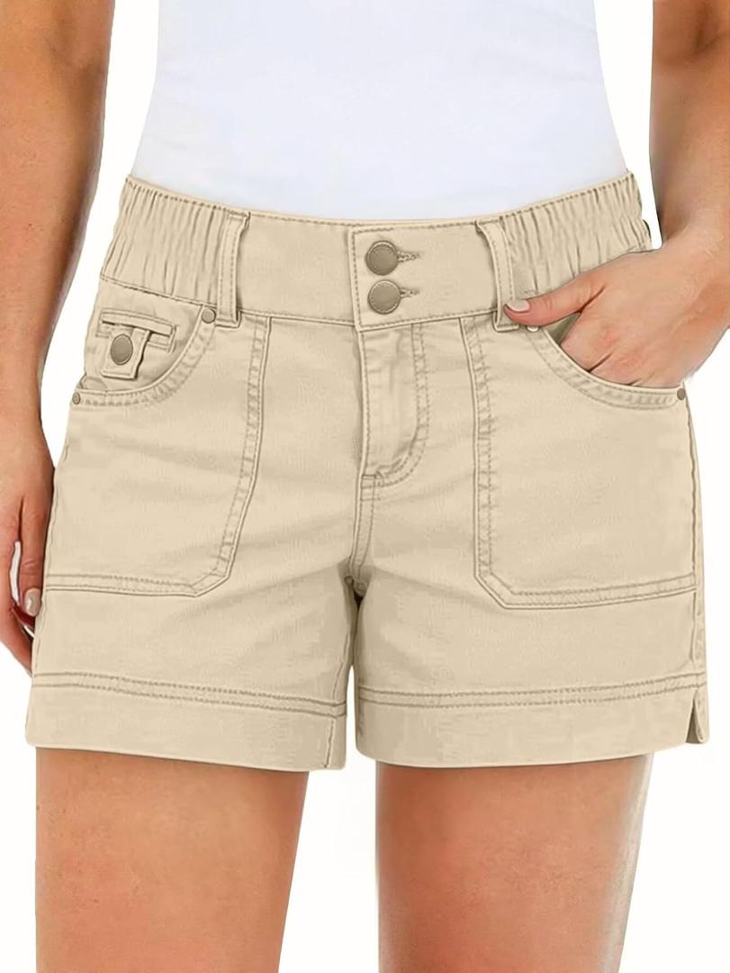 Flamingals Women's Mid Waist Solid Split Side Flap Pocket Casual Shorts (Beige, M)