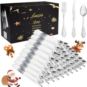 Liacere 400PCS Silver Plastic Silverware - Pre Rolled Napkins Disposable Silver Cutlery-Premium Quality Gold Plastic Utensils - Includes 100Forks,100Knives,100Spoons,100Napkins&Christmas