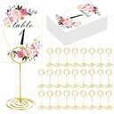 26 PCS Table Number Holder - Table Card Holder Stand Wire Photo Holder with 26 Pcs Floral Table Number Cards, Place Card Holder Stand for Weddings Party Office Paper Memo Menu Note Clips
