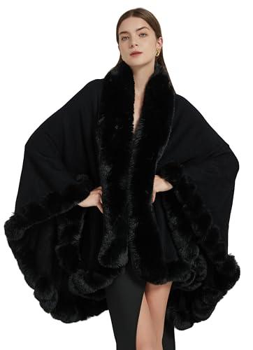 Tngan Faux Fox Fur Trim Cardigan Cloak Shawl Wraps Winter Poncho Oversized Cape Black