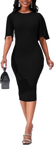Women's Basic Bodycon Ruffle Flared Short Sleeve Pencil Midi Dress, Medium, Black