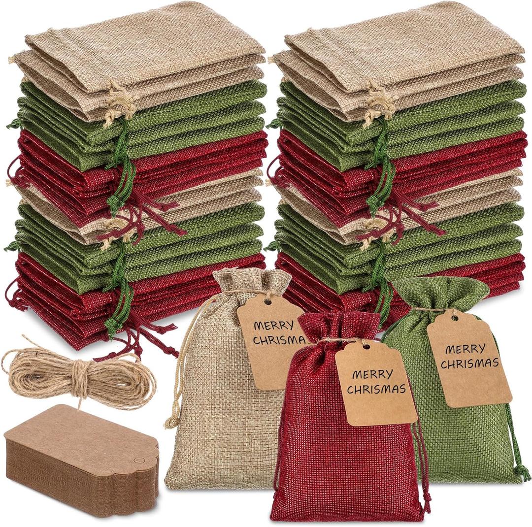 Woanger 100 Pcs Burlap Gift Bags with 100 Pcs Kraft Paper Gift Tags Drawstring Favor Bulk Burlap Sack Bags for DIY Wedding Party Craft (4 x 6 Inch,Natural Color, Military Green, Wine Red)