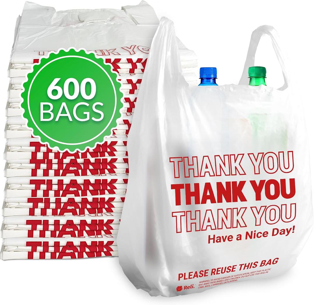 Reli. Thank You Bags | 600 Pack | White Thank You Plastic Bags with Handles | Ideal for Grocery, Shopping, Food Take Out, Restaurants, Small Business (11.5" x 6.5" x 21")
