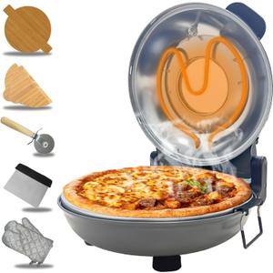 Pizza Oven Indoor, 12 Inch Retro Pizza Maker, Rapid Heating 800F, 1200W Glazed Ceramic Stone Electric Pizza Cooker, Two-button Precise Temperature Control, Viewing Window for Precise Cooking