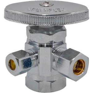 Eastman Multi-Turn Dual Outlet 3-Way Shut-Off Valve, 1/2 Inch FIP x 3/8 Inch OD Compression x 1/4 Inch OD Compression, Chrome Plated, 04320LF