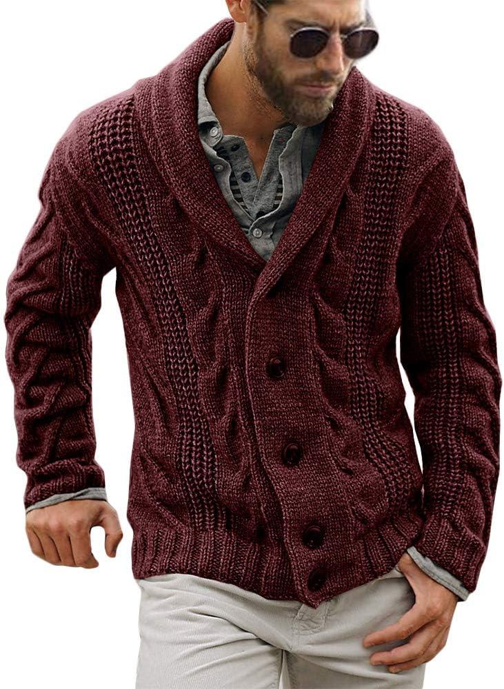 Mens Shawl Collar Cardigan Sweater Cable Knit Button Chunky Long Sleeve Winter Fisherman Casual Cardigans (Medium, Wine Red)