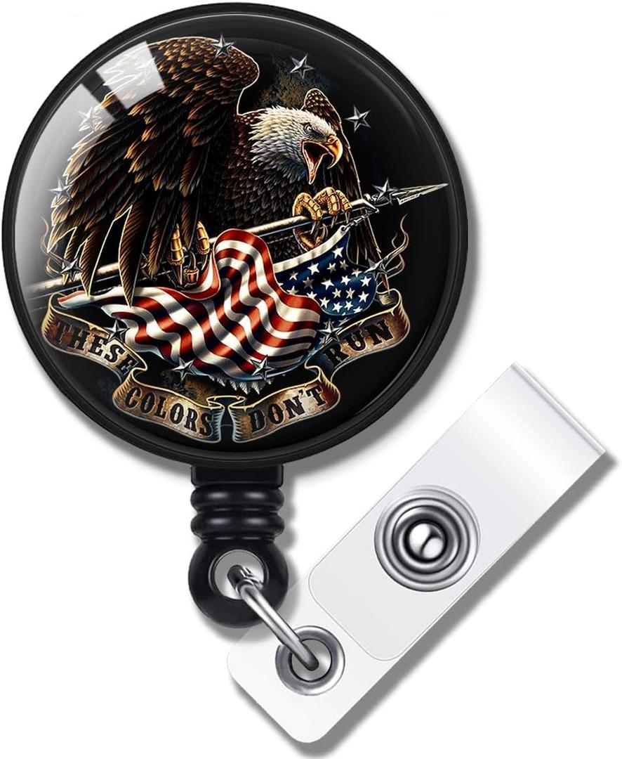 American Flag & Eagle Badge Reel Holder with Alligator Clip, Medical MD RN Nurse Badge ID, Badge Holders, Black