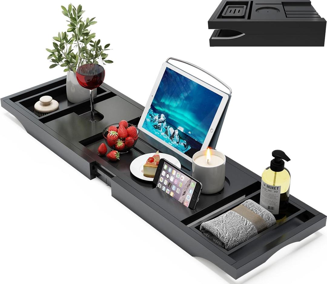 Bamboo Bathtub Caddy Tray Expandable for Luxury Bath, Bath Accessories & Table with Wine Glass Holder, Book Stand Bathroom Organizer with Extending Sides for Men/Women,Black