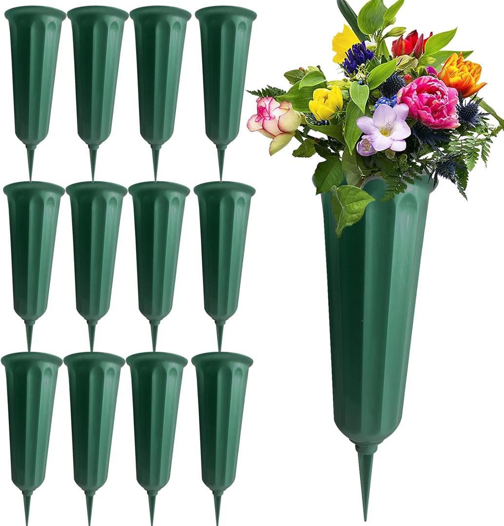 12 Pack Memorial Flower Vase Plastic Cemetery Vases with Spikes Cemetery Decorations for Grave Decorations for Cemetery Vases for Flowers Plastic Flowers for Grave Vase (Green)