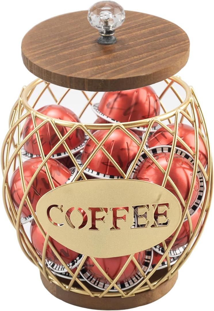 Coffee Pod Holder Compatible with 60 Nespresso Original Line Pods for Coffee Station Corner Organizer K-Cup Vertuo Capsules Wire Metal Basket With Wooden Lid Crystal Handle Golden Color