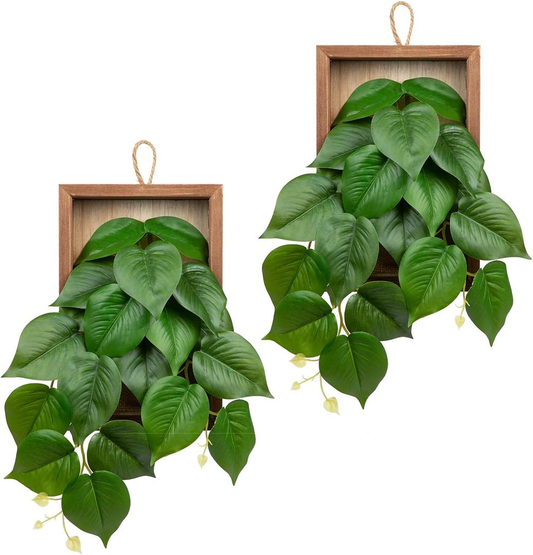 DILATATA Artificial Hanging Plants with Wooden Frame 2 Pack Faux Pothos Leaves Hanging Vine Greenery Plants for Living Room Bedroom Farmhouse Office Home Decor