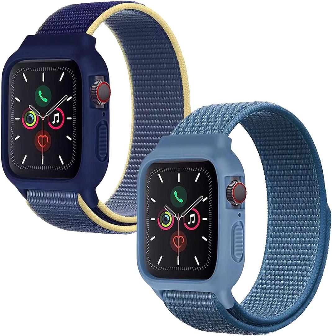 Band with Case Compatible with Kids Apple Watch Band 38/40/41/42mm-Series 10/11, Silicone Bumper with Sport Loop Nylon Strap for Boys Girls (Yellow Blue+Cape Blue)