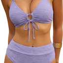 ZAFUL Bikini Sets for Women String 2 Piece Swimsuits High Waisted Bathing Suit V Neck Cut Out Swimwear (Small, Purple)
