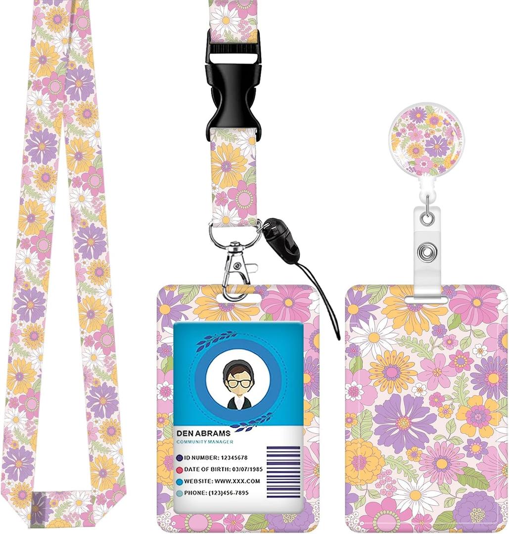 ID Badge Holder with Breakaway Lanyard, Retractable Badge Reel,Lanyards for Id Badges，Work Name Tag Breakaway Lanyard ID Card Protector Case for Teacher Nurse Work Office(Daisy Blossom)