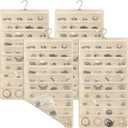 4 Pcs Hanging Jewelry Organizer with 80 Pockets Earring Storage Organizer Dual Sided Earring Holder Necklace Hanger Closet for Bracelet, Necklace, Ring, Knitting Tool, Accessories, Beige