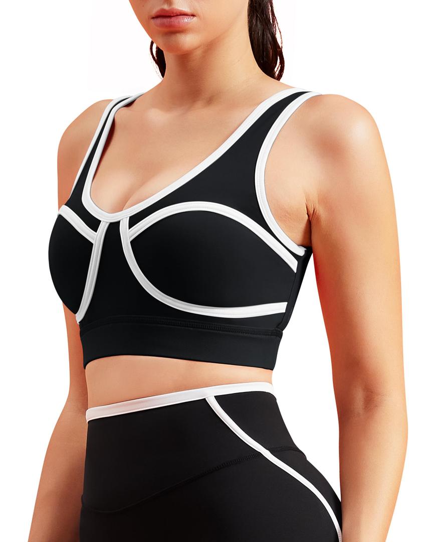colorskin Women Sports Workout Bras Contrast Piping Bras Wirefree Yoga Bra Padded Sports Bra(Black,Medium) (M)