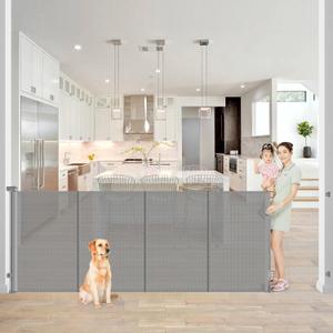 Reinforced 42 Extra Tall x 80 Wide Retractable Baby Gates with Rods to Prevent Crawling Through, Extra Tall Dog Gate for Large Openings Indoor Long Mesh Pet Gate for Stairs and Doorways, Gray