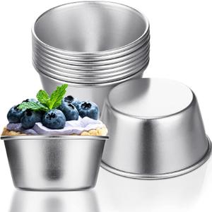 Geiserailie 10 Pieces Individual Flan Molds Egg Tart Molds Pudding Cups Mini Chocolate Molten Pans Carbon Steel Cupcake Cake Cookie, Round Nonstick Popover Bakeware Tumblers(2.6 x 2 x 1.3 Inch)