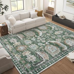 Vintage 6x9 Washable Area Rug, Ultra-Thin Soft Large Indoor Rug for Bedroom Living Room or Dining Room, Foldable Floor Carpet with Non-Slip Backing, Green