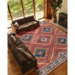 Area Rug 10x14 Rug Machine Washable Non-Slip Low Pile Print Pattern Western Rug for Living Room Bedroom Entryway Tribal Series -Red/Orange