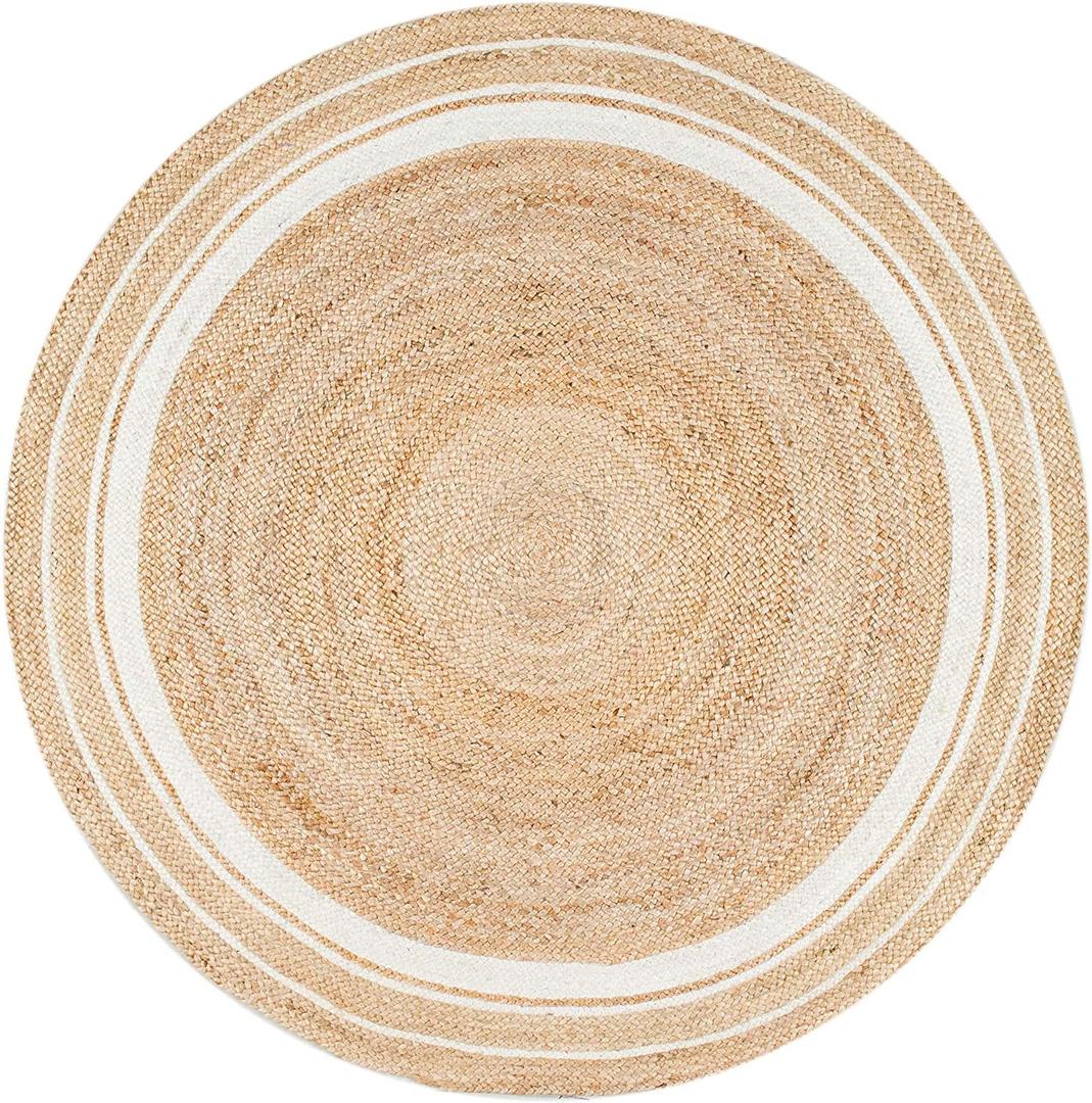 Jute Rug Hand Braided Round Area Rug Handmade Rug for Home Decor (2 Feet Round (24 x 24 Inches), Beige + White Line)
