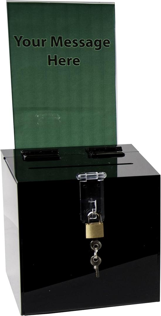Clear-Ad - Acrylic Donation, Ballot, Raffle or Suggestion Box with Lock and Removable Sign Holder - Plastic Comment or Complaint Container - Plexiglass Multipurpose Box with Slot - Black (6x6)