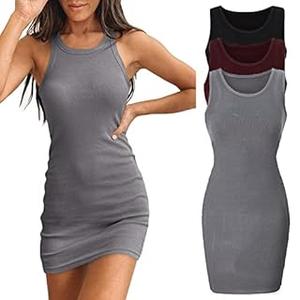 Chongbaijia 1 Pack Summer Dresses for Women 2026 Ribbed Crewneck Tank Top Dress Sleeveless Sundress Basic Bodycon Mini Dress,  Gray, S