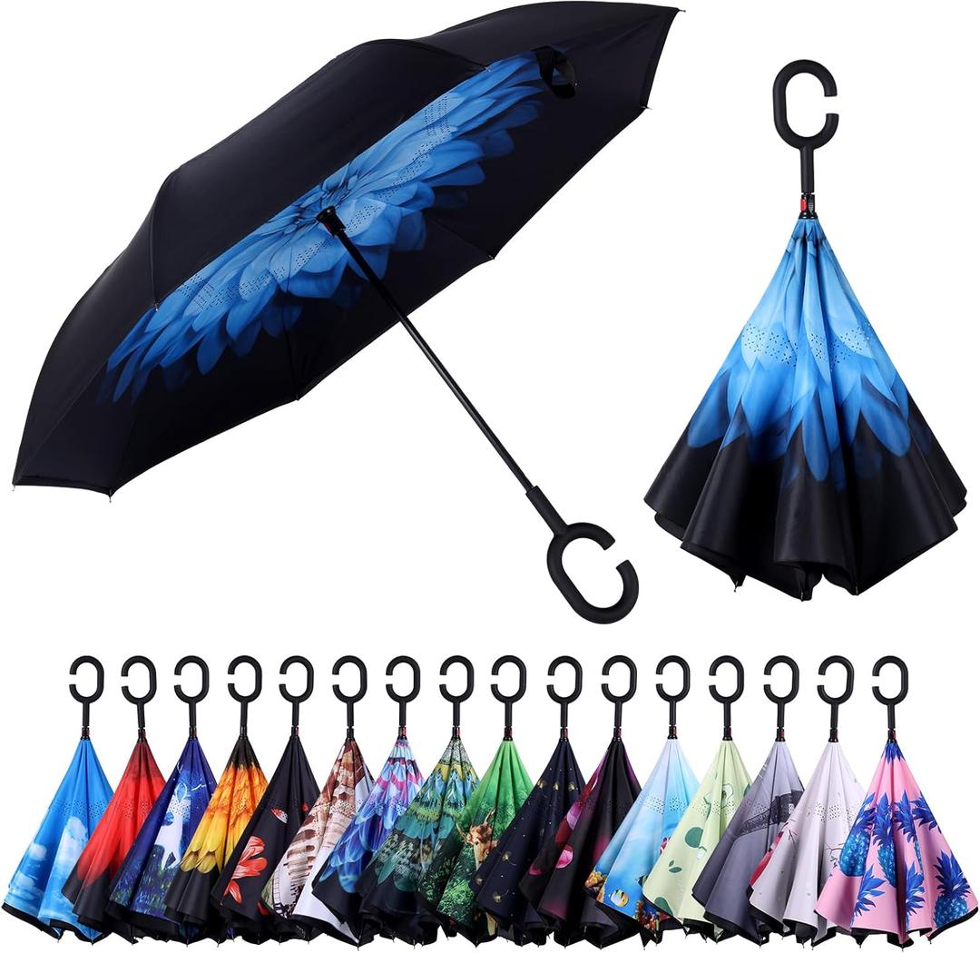 Inverted Umbrella, Windproof Reverse Umbrellas for Rain with Reversible Inside-Out Design Large Upside Down Umbrella for Women & Men with C-shaped Handle (Blue Daisy)