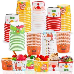 SULOLI Christmas Treat Snack Cups, 60 Pcs Xmas Paper Ice Cream Cups Santa Snowman Disposable Snack Bowls for Christmas Party Supplies Decorations(3OZ/100ML)