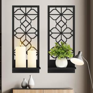 2 Pcs Black Metal Wall Candle Holder Minimalist Retro Line Metal Wall Art 16.5 x 7 Inch Rustic Sconce Mount Candle Holders for Living Room Dining Room Bedroom Bathroom