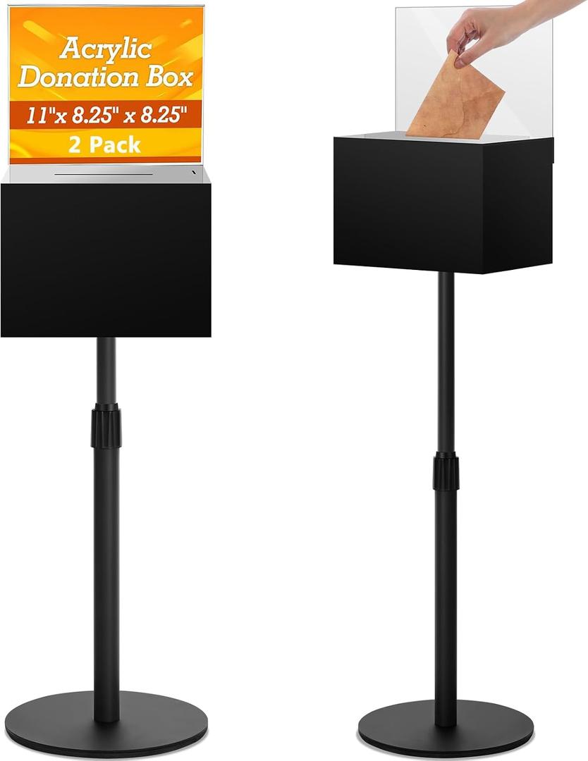 DoubleFill 2 Pack Black Suggestion Donation Box with Lock and Key 11x 8.25x 8.25 Inches Acrylic Offering Raffle Box with Stand Slot for Office Charity Church Collection