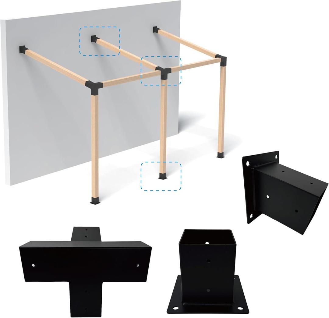 Pergola Bracket Kit 4x4, Including 1 Wall Base, 1 105  4-Way and 1 Bases, 1 Set of Wall Mounted 15 Pitched Roof Mounting Kit for Extension, for Shading Facilities Attached to Walls or Eaves