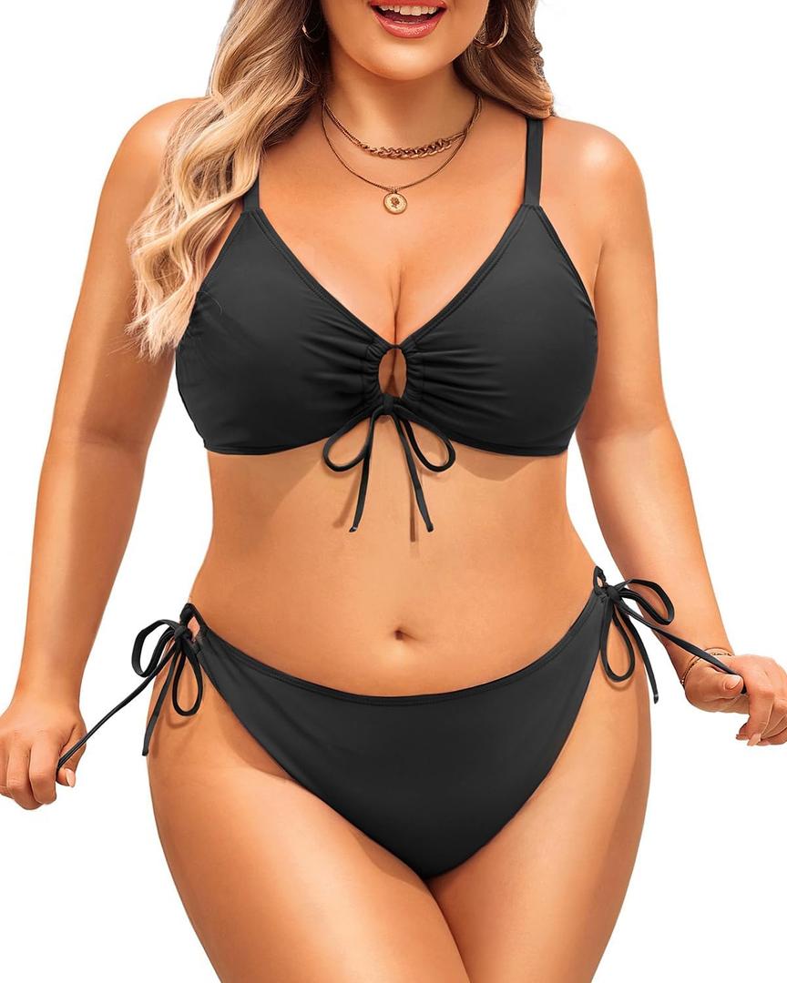 Daci Women's Plus Size Triangle Bikini Set, Sexy Tie Front Two-Piece Swimsuit (Black)