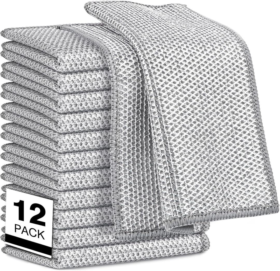AIDEA Non Scratch Wire Dishcloth 12PK, Wire Dishwashing Rag for Wet and Dry, Washable Dish Rags No Odor, Cleaning Pads Steel Scrubber for Cookware, Sinks, Dishes, Stove Tops, 7"8" (Silver)