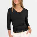 ANRABESS 3/4 Sleeve Shirts for Women V Neck Ribbed Knit Slim Fitted Tops Basic Tshirt 2026 Summer Casual Tees Trendy Outfits (Black, M)