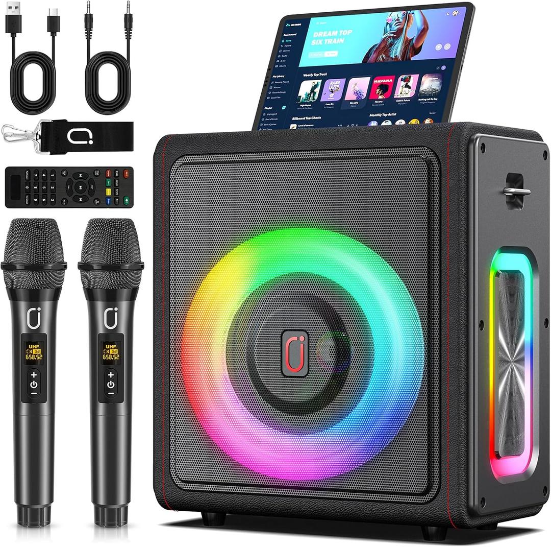 Karaoke Machine, Portable Bluetooth 5.3 Speaker with 2 Wireless Microphones for Adults, PA System with Pitch Correction & Echo Adjustment, Supports TWS/TF Card/USB/AUX/Live/REC for Home Party