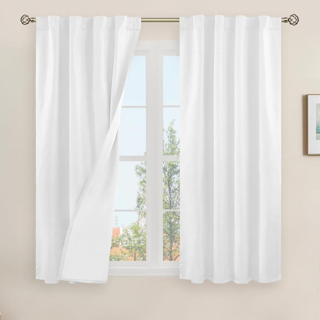 LAMIT Natural 100% Blackout Linen Curtains, 45 Inches Linen Textured Thermal Bedroom Curtains Back Tab and Rod Pocket Neutral Panels with White Liner for Farmhouse, 2 Panels, 38 x 45 Inch, White