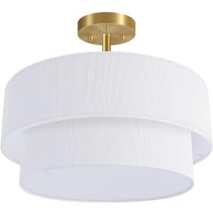 Semi Flush Mount Ceiling Light, 16.5'' Gold Light Fixture Ceiling Mount, Modern Anti-Glare Close to Ceiling Light with 2-Layer White Linen Shade for Bedroom Hallway Living Room (E26 Base,No Bulb)