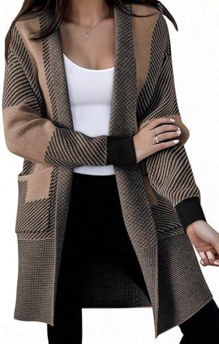 Astylish Women 2025 Open Front Long Sleeve Cardigan Casual Knit Sweaters Color Block Fall Outfits with Pockets XXL