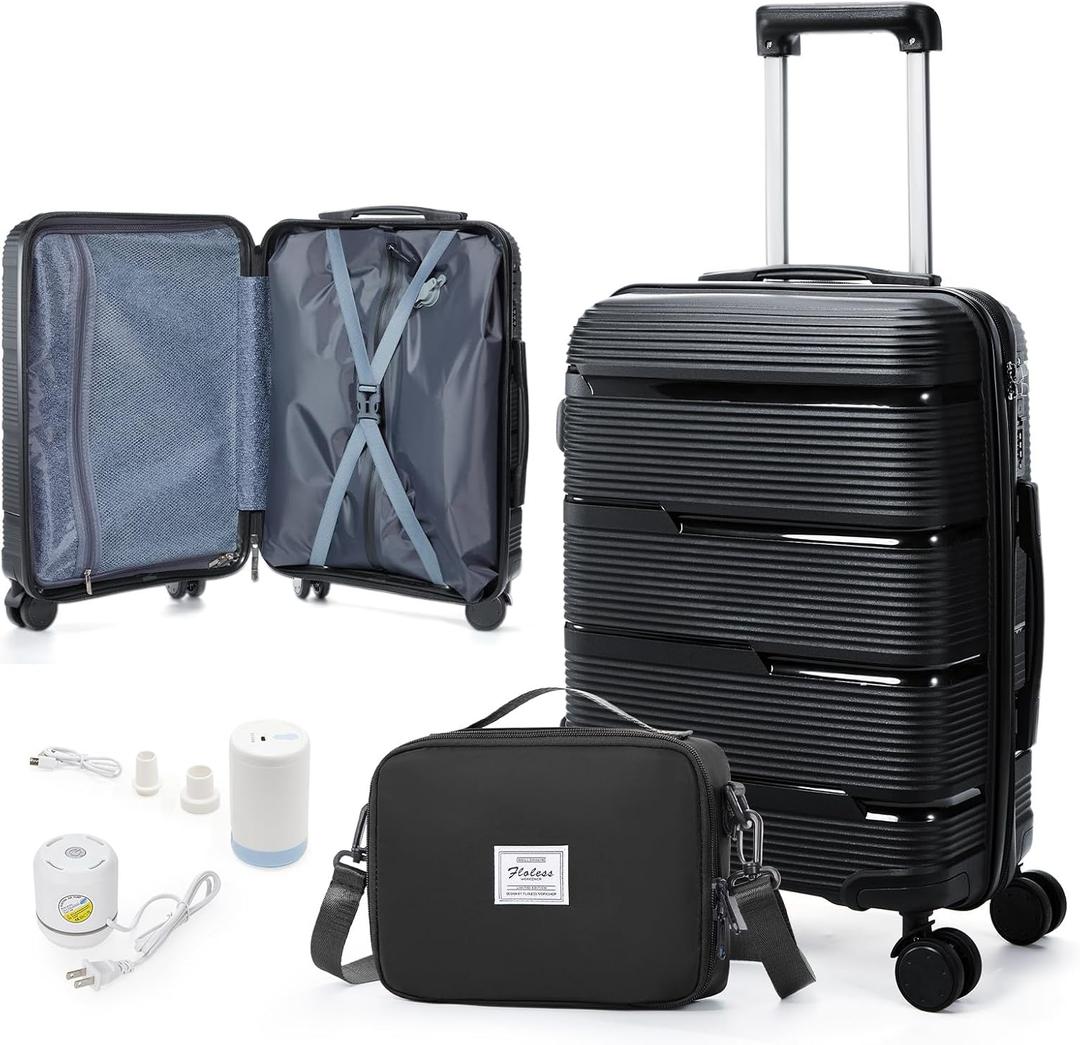 Vacuum Compression Carry On Luggage 22x14x9 Airline Approved,20-Inch Small Carry On Vacuum Travel Luggage With Wheels And TSA Lock,Lightweight Durable Hard Shell Suitcases With Pumps,Black