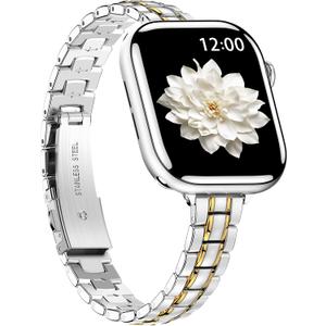 BAITEYOU Narrow Metal Band Compatible with Apple Watch Band 44mm 45mm 46mm 49mm 42mm (Series 3 2 1), iwatch Stainless Steel Thin Bands Series 11 10 9 8 7 6 5 4 Ultra for Women, Silver Gold