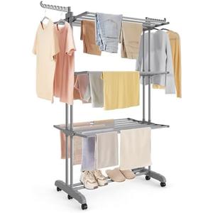 SONGMICS Clothes Drying Rack 4-Tier, Foldable Laundry Drying Rack 68.1-Inch Tall, Stainless Steel, Rolling Clothes Horses, Clothes Airer, Indoor Outdoor Use, Dove Gray ULLR703G01